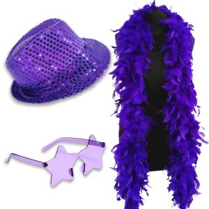 Sequin Fedora Gangster Trilby Hat with Star Glasses and Feather Boa Set - Dark Purple