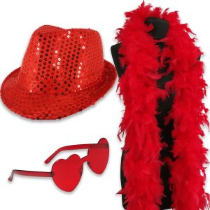 Sequin Fedora Gangster Trilby Hat with Heart Glasses and Feather Boa Set - Red
