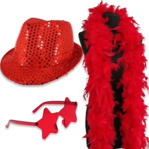 Sequin Fedora Gangster Trilby Hat with Star Glasses and Feather Boa Set - Red