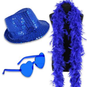 Sequin Fedora Gangster Trilby Hat with Heart Glasses and Feather Boa Set - Royal Blue