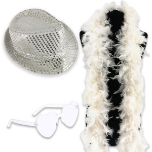 Sequin Fedora Gangster Trilby Hat with Heart Glasses and Feather Boa Set - Silver