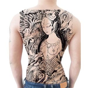 Beautiful Goddess, Black and Grey Full Back Temporary Tattoo Body Art Transfer No. 65