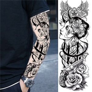 Black and Grey Geisha Girl Sleeve Temporary Tattoo Body Art Transfer No. 70