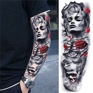 Female Portrait, Rose and Skull Sleeve Temporary Tattoo Body Art Transfer No. 74