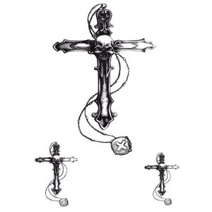 Cross & Skull Rosary Bead Medium Temporary Tattoo Body Art Transfer No. 75