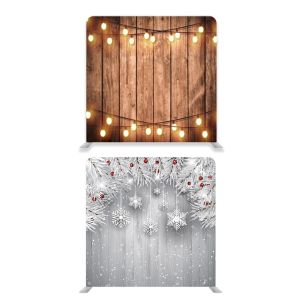 8ft*8ft Rustic Wood with Fairy Lights And Snowy Fir Tree Xmas Backdrop, With or Without Tension Frame