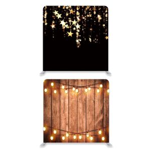8ft*7.5ft Rustic Wood with Fairy Lights and Black with Gold Falling Stars Backdrop, With or Without Tension Frame