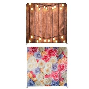 8ft*7.5ft Rustic Wood With Fairy Lights and Pretty Coloured Flowers Backdrop, With or Without Tension Frame