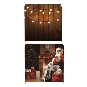 8ft*8ft Lights on Rustic Wood & Santa Claus Scene Xmas Backdrop, With or Without Tension Frame