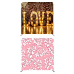 8ft*8ft Rustic “LOVE” Lights and Pink with White 3D Flowers Backdrop, With or Without Tension Frame