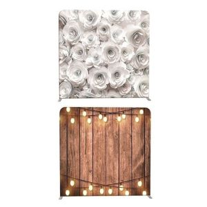 8ft*7.5ft White Roses and Rustic Wood with Lights Backdrop, With or Without Tension Frame