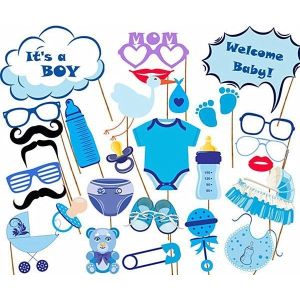 27PCS Baby Shower Photo Booth Props Little Boy New Born Party Decoration in Blue