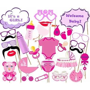 27PCS Baby Shower Photo Booth Props Little Girl New Born Party Decoration in Pink