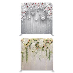 8ft*7.5ft Beautiful Pastel Flowers Foliage And Snowy Fir Tree Xmas Backdrop, With or Without Tension Frame