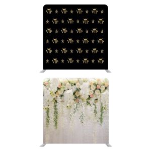 8ft*8ft Beautiful Pastel Flowers Foliages and Black & Gold VIP Backdrop, With or Without Tension Frame
