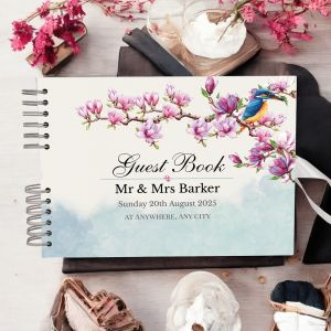 CUSTOM Charming Bird on Branch with Pink Flowers Guest Book with Different Page Options-No. 221