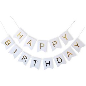 White With Gold Happy Birthday Banner Party Decorations