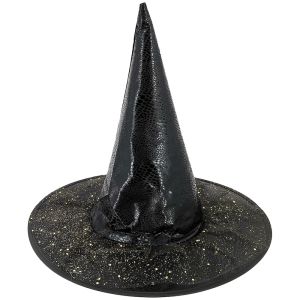 Black Leather Style With Glitzy Brim Halloween Pointed Witches Hat 