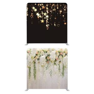8ft*7.5ft Black With Gold Falling Stars and Beautiful Pastel Flowers Foliages Backdrop, With or Without Tension Frame