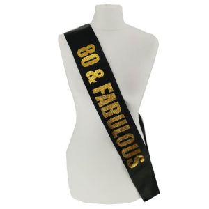 Black With Gold Glitter '80 & Fabulous' Birthday Sash