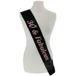 Black With Pink Glitter '30 & Fabulous' Birthday Sash