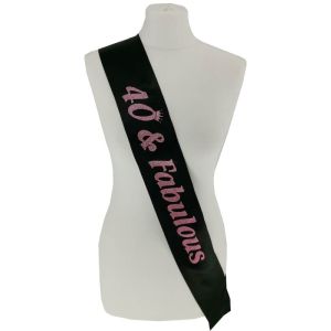 Black With Pink Glitter '40 & Fabulous' Birthday Sash