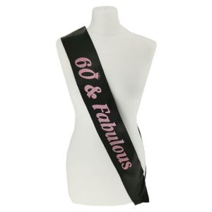 Black With Pink Glitter '60 & Fabulous' Birthday Sash