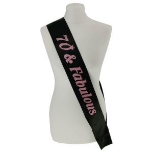 Black With Pink Glitter '70 & Fabulous' Birthday Sash