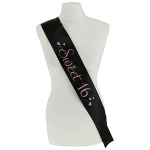 Black With Pink Glitter Hearts 'Sweet 16' Birthday Sash