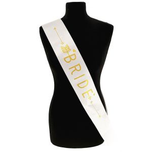 White With Gold Writing ‘Bride’ Arrow Sash