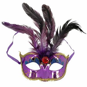 Burlesque Style Feathered Masquerade Mask in Purple  