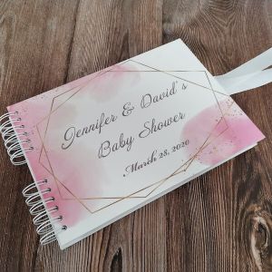CUSTOM Pink Watercolour and Gold Geometric Frame and Speckles Guestbook with Different Page Options-No. 206