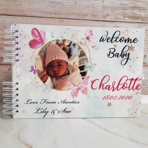 CUSTOM White & Pink Butterfly Baby Shower Book with Different Page Options