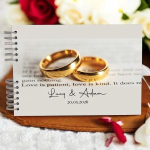 CUSTOM Light Grey & Golden Rings Wedding Guest Book with Different Page Options-No. 226