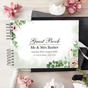 CUSTOM Green Watermark & Pink Floral Guest Book with Different Page Options-No. 227