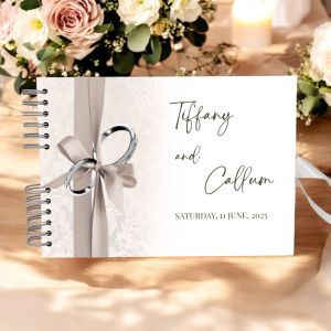 Custom Grey Ribbon with Silver Ring Accent Wedding Guest Book with Different Page Options-No. 163