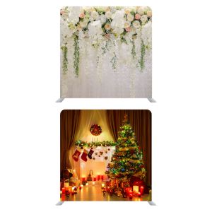 8ft*8ft Pastel Flowers Foliages and Warm Festive Fireplace Xmas Backdrop, With or Without Tension Frame