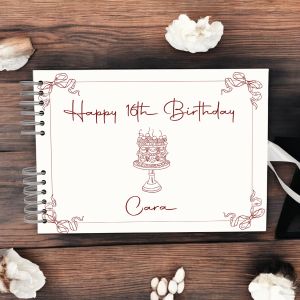 CUSTOM Red Ribbon Frame Birthday Cake Guest Book with Different Page Options-No. 228