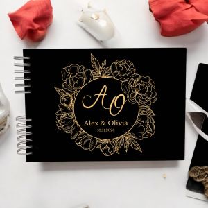 CUSTOM Black & Gold Floral Wedding Guest Book with Different Page Options-No. 229