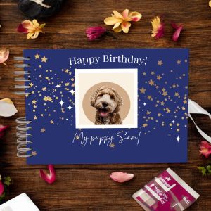 CUSTOM Blue & Gold Glitter Puppy Birthday Guest Book with Different Page Options - No. 247
