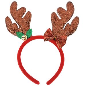 Glitzy Reindeer Antler With Red Bow Christmas Headband - Brown 