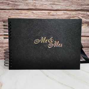 Good Size, Black Leather Affect Cover with Golden ‘Mr & Mrs’ Message With 6x4 Landscape Slip-in Pages 