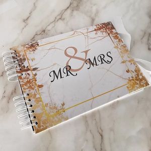 Good Size, White Marble Gold Leaf 'Mr & Mrs' Guestbook With Plain Pages