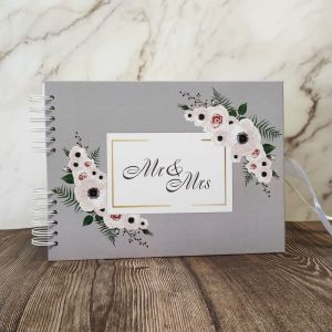 Good Size, Grey Floral Frame ‘Mr & Mrs’ Guestbook With 6x4 Portrait Slip-in Pages