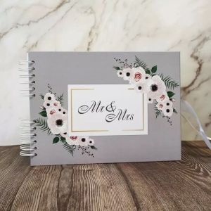 Good Size, Grey Floral Frame ‘Mr & Mrs’ Guestbook With 6x4 Landscape Slip-in Pages