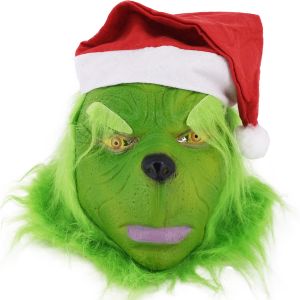 Grinch Head Mask With Santa Hat And Gloves