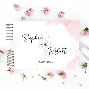 Custom White, Black and Pink Minimalist Flora Wedding Guest Book with Different Page Options-No. 171