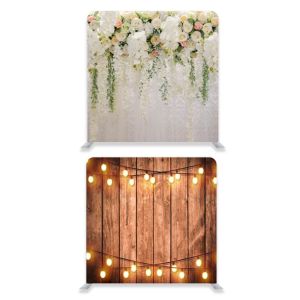 8ft*8ft Rustic Wood with Fairy Lights and Beautiful Pastel Flowers and Foliage Backdrop, With or Without Tension Frame