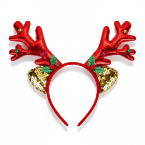 Christmas Festive Headband - Shiny Red Reindeer Antler With Gold Ears