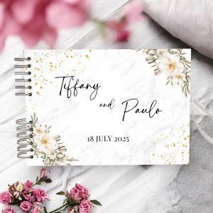 Custom White Watercolour Flower and Gold Glitter Wedding Guest Book with Different Page Options-No. 172